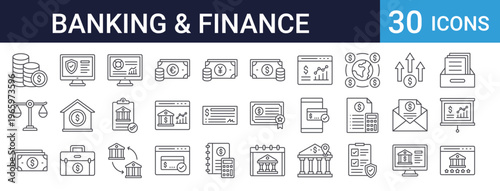 Banking Finance Icons Set of 30 Thin Line Vector Collection