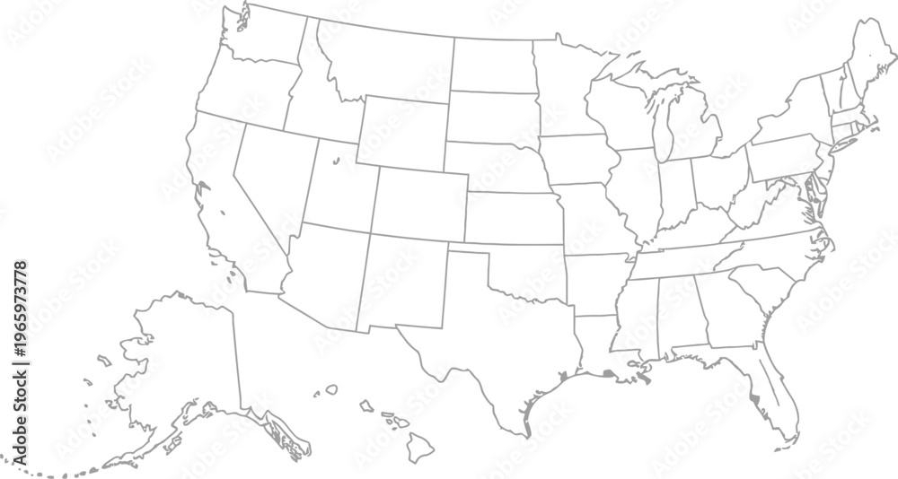 Fototapeta A detailed map of the United States showcasing all states and their borders in a clean line drawing style