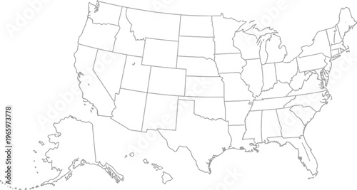A detailed map of the United States showcasing all states and their borders in a clean line drawing style