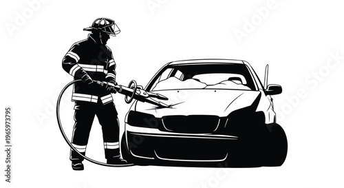 A firefighter uses rescue tools on a damaged vehicle creating a dramatic black and white silhouette high quality professional detailed modern