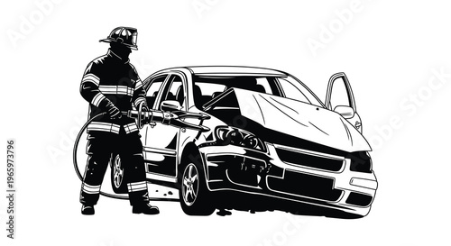 A firefighter stands near a severely damaged vehicle preparing to extract a victim presented as a silhouette high quality professional detailed