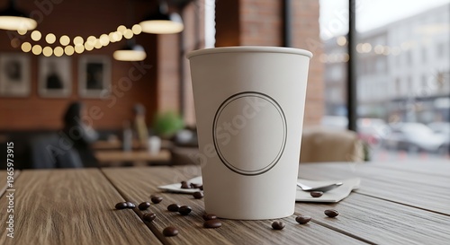 White paper coffee cup with blank circle on wooden table with coffee beans cafe