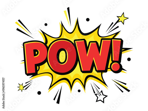 Comic book pop art pow explosion word design on halftone background with yellow splash and stars