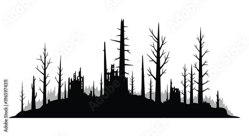 A stark black silhouette of a desolate ruined cityscape amidst a barren forest landscape silhouette high quality professional detailed modern elegant
