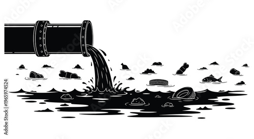 A stark illustration depicts polluted water discharging from a pipe with debris and marine life affected a striking silhouette high quality