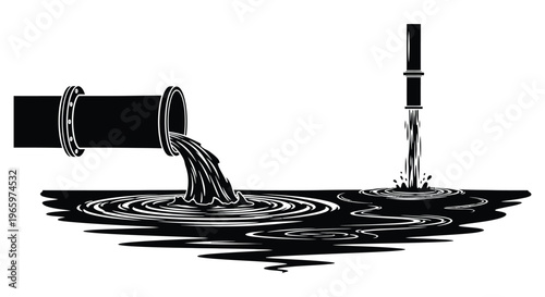 A stark black and white depiction of industrial outflow and water ripples presented as a dramatic silhouette high quality professional detailed modern elegant