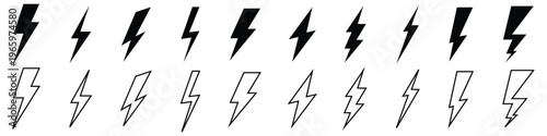 Lightning icon set. Energy bolt silhouette icons. Electric energy black silhouettes and line style.  power icon. energy sign. Vector illustration.