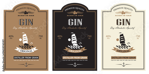 collection of gin labels with yacht in retro style