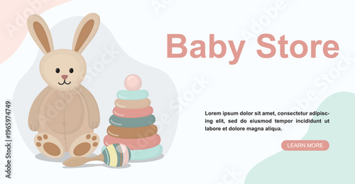 Baby store horizontal banner with children toys. Cute illustration with bunny, stacking pyramid and rattle 