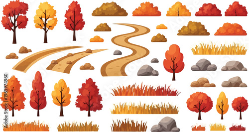 Autumn landscape elements set with orange trees, winding forest paths and bushes. Fall nature vector collection featuring red foliage, rocks, and dry grass for park design. isolated PNG with