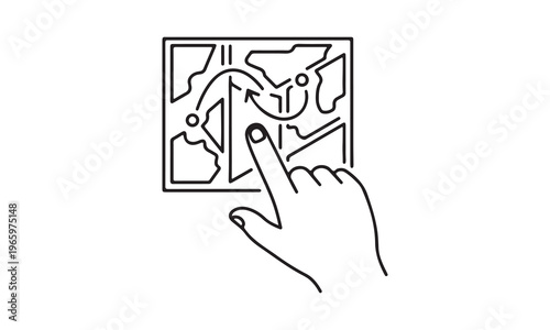Finger pointing at map with route and destination points