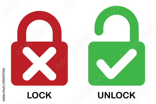 Protection and security lock red and green tick and cross icon. Lock and unlock icons.  password correct and incorrect icon lock style. Vector illustration. 