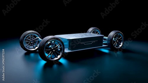 Electric vehicle chassis with exposed battery pack and four wheels on dark studio floor showing modern automotive engineering platform