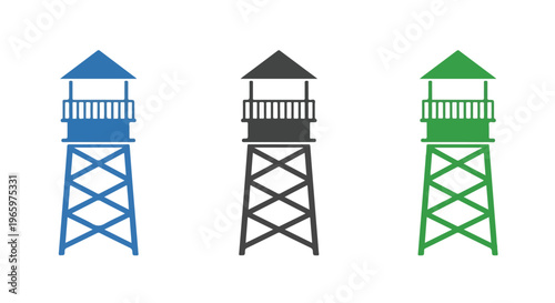 Colorful wooden observation towers with blue, black, and green paint standing outdoors against a white background