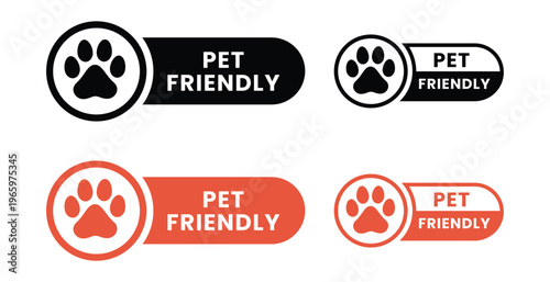 Pet Friendly icon set. Pet Friendly logo, label, sign, badge, symbol, banner, line, flat vector, isolated illustration. Pet Friendly label for product packaging design. Dogs and cats allowed sign.