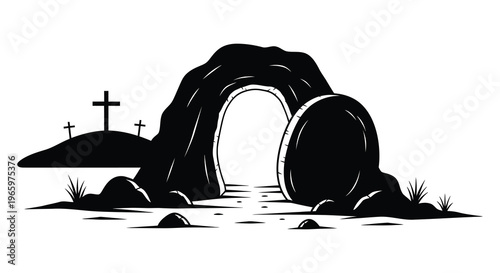 A dramatic black silhouette depicts a tomb with a rolled stone and crosses evoking themes of resurrection and faith silhouette