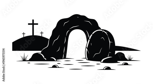 A stark depiction of a tomb entrance with three crosses on a distant hill rendered as a striking silhouette high quality