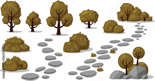 Autumn garden landscape elements with stone path, brown deciduous trees and bushes vector set, fall park foliage and stepping stones for game design and outdoor scenery isolated PNG with