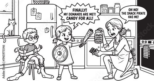 Funny Black and White Vector Illustration of Little Girl Holding Brother Hostage for Candy: Cute Family Comedy Clip Art
