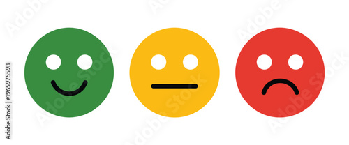 Emoji face icon set, featuring happy, neutral and sad expressions for customer feedback rating design, review satisfaction symbols, simple isolated vector collection.