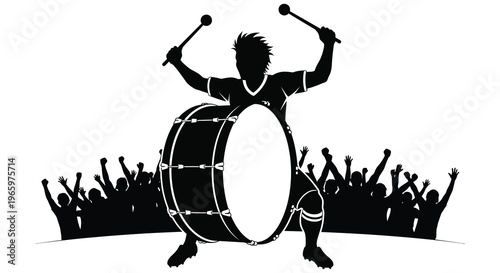 A drummer energetically plays a large drum before a cheering crowd depicted in a striking black silhouette high quality professional detailed