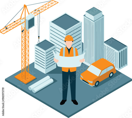 Isometric construction engineering concept, architect with blueprint crane building urban development infrastructure project city vector illustration modern design