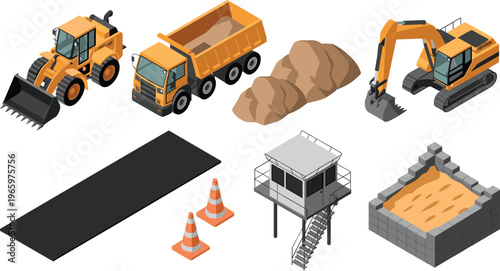 Isometric construction equipment set with excavator dump truck loader cones asphalt guard tower and materials for building and roadwork scenes