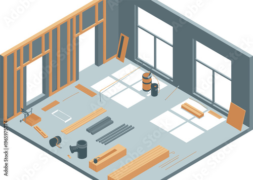 Isometric construction interior framing materials tools renovation site building structure carpentry supplies house under construction 3D illustration modern design