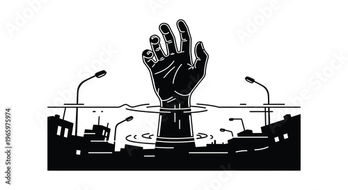A striking black and white image depicts a hand rising from water above a cityscape presented as a silhouette high quality