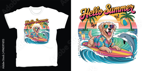 Golden retriever surfing with dolphin on tropical beach t-shirt vector design x.