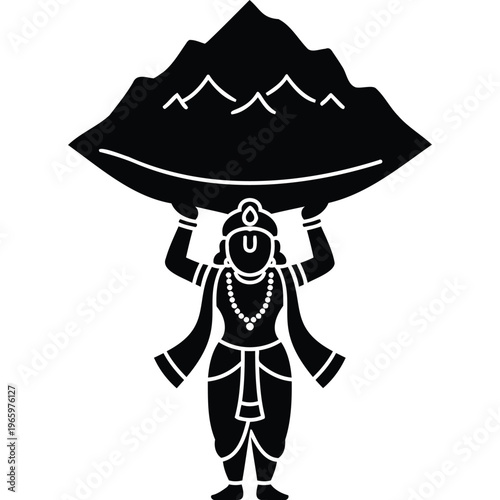 Lord Krishna lifting Govardhan Hill: Hindu deity, Indian mythology, divine protection, black silhouette illustration