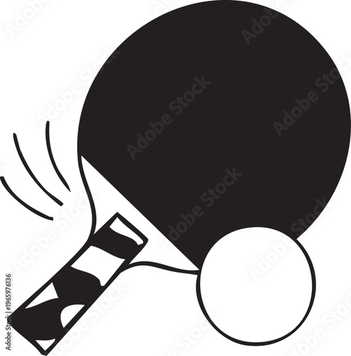 Black and white ping pong paddle swinging at ball