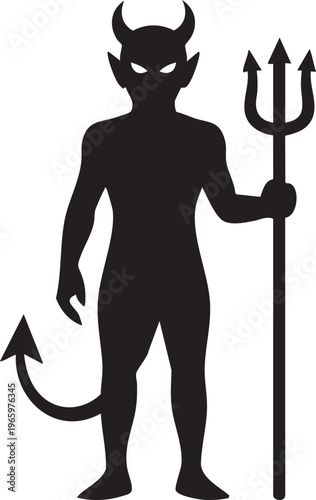 Black silhouette figure holding trident with devil wings