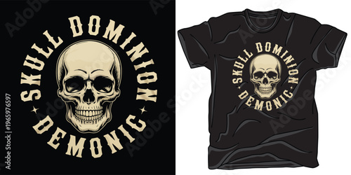 Skull dominion demonic emblem with distressed text for t shirt design.