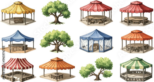Outdoor event tent collection with 9 colorful gazebos and 3 green trees, garden pavilion vector set for summer festivals, park picnic shelter and market stall illustrations isolated PNG with