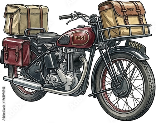 Vintage Red Post Motorcycle with Leather Panniers and Mail Bags Vector Illustration