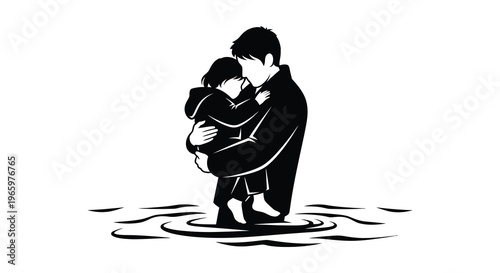 A tender moment captured in a striking black and white image of a father embracing his child a beautiful silhouette