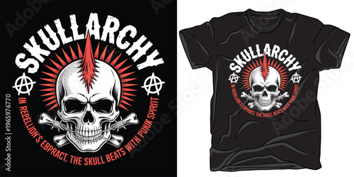 Skullarchy punk rock skull t-shirt design with mohawk and crossed bones illustration.