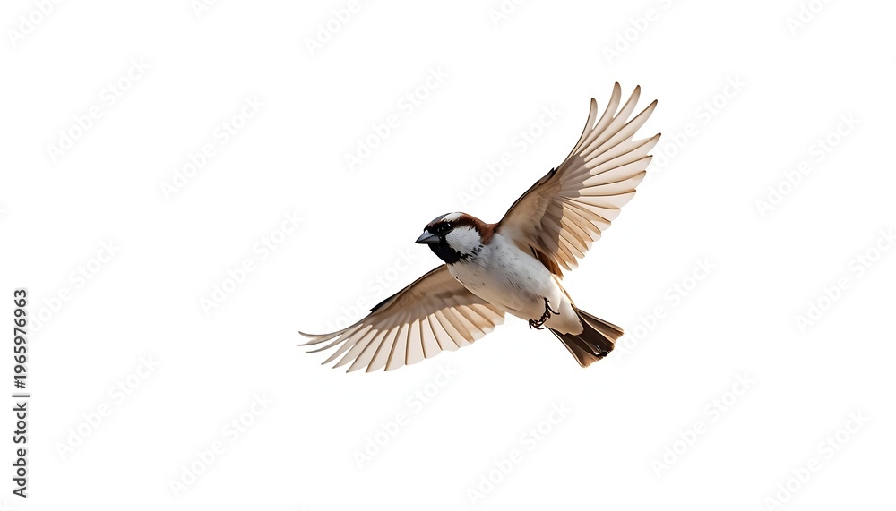 Fototapeta premium A small brown and white house sparrow gracefully flies with its wings fully extended on a clean white background.