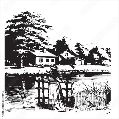A scenic black and white vintage illustration featuring a peaceful lakeside farmhouse. In the foreground, a classic bicycle with a basket leans against a white picket fence, while a woman in a