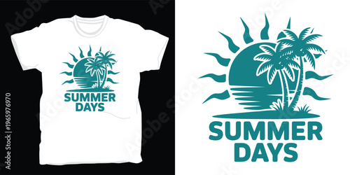 Summer days t-shirt design with palm trees and sun illustration on white background.