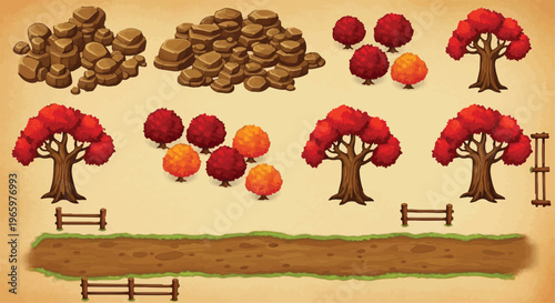 Isometric game environment assets with red autumn trees and rock formations, cartoon nature landscape elements for map building, 2D vector forest sprites and dirt road path isolated PNG with