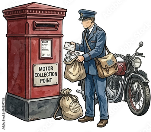 Vintage Postman at Motor Collection Point Red Pillar Postbox with Motorcycle Illustration
