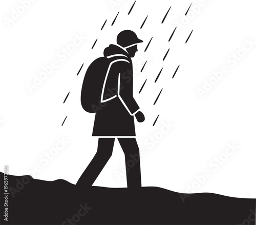 Rainy hiker with backpack amidst monochrome stormy path