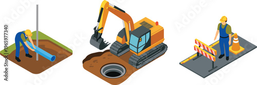 Isometric construction pipeline installation excavation roadwork safety barrier setup workers infrastructure maintenance process civil engineering 3D illustration design