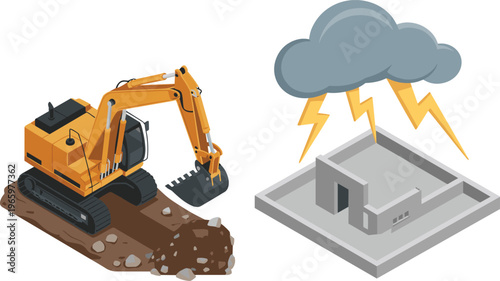 Isometric construction risk concept, excavator digging ground and lightning storm over building, natural hazard impact, disaster warning, infrastructure safety illustration