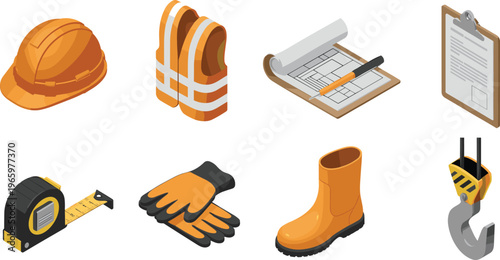 isometric construction safety equipment set, hard hat, vest, gloves, boots, blueprint, measuring tools, industrial protection gear illustration concept