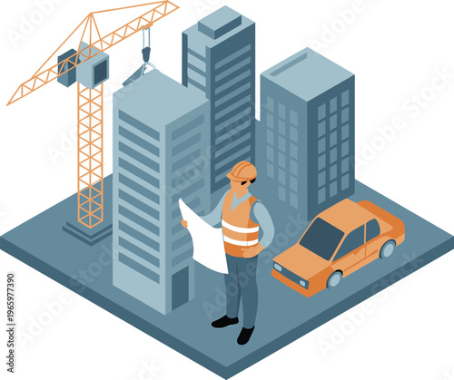 Isometric construction site concept, engineer with blueprint crane building development architecture urban project infrastructure vector illustration modern design