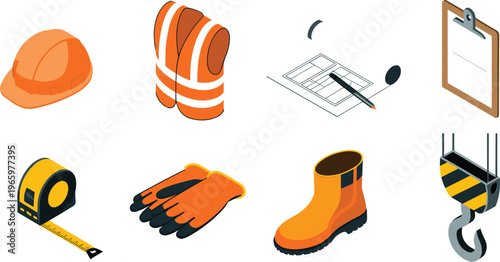 isometric construction safety gear set, helmet vest gloves boots, blueprint tools, industrial equipment, workplace protection, engineering illustration concept