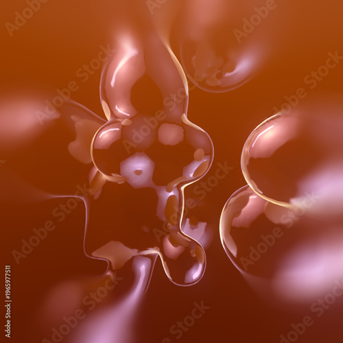 Abstract composition of floating translucent bubbles with delicate highlights. Their flowing shapes and shimmering light create a sense of lightness and fluidity. 3d rendering digital illustration